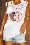 White Baseball Element Leopard Print Hollow Out Tank Top