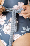Black Cross Wrap Tie Waist Striped Floral Print One-Piece Swimsuit LC443252-2