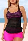 Rose Red Lace Drawstring Double Layer High Waist Tankini Set