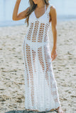 White Knitted Hollow Out V Neck Beach Cover Up