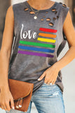 Grey Love Rainbow Color Print Worn Out Loose Tank Top