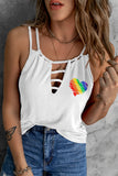 White Rainbow Heart Print Cut Out Sleeveless Cami Top
