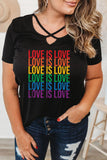 Black  LOVE IS LOVE Criss Cross Short Sleeve Plus Size T Shirt