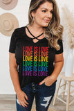 Black LOVE IS LOVE Criss Cross Short Sleeve Plus Size T Shirt