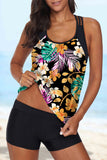 Multicolor Floral Print Top and Solid Shorts Sleeveless Tankini set