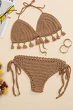Khaki Crochet Knit Low Waist Bikini with Tassels LC433462-16