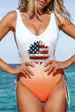 Sky Blue American Flag Sunflower Print Gradient Color One-piece Swimsuit LC443265-4