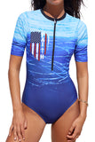 Blue Faith Flag Print Front Zipper Short Sleeve One-piece Swimwear LC443267-5