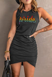 LC6110671-2-S, LC6110671-2-M, LC6110671-2-L, LC6110671-2-XL, Black Pride Dazzle Art Word Print Ruched Mini Dress