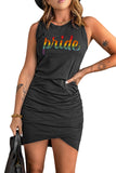 LC6110671-2-S, LC6110671-2-M, LC6110671-2-L, LC6110671-2-XL, Black Pride Dazzle Art Word Print Ruched Mini Dress