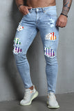 MC783128-4-S, MC783128-4-M, MC783128-4-L, MC783128-4-XL, MC783128-4-2XL, Sky Blue Multicolor Stripes and Stars Print Ripped Skinny Jeans