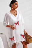 White Butterfly Print Tassel Hooded Oversized Beach Cover Up LC421494-1