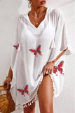 White Butterfly Print Tassel Hooded Oversized Beach Cover Up LC421494-1