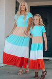 Striped Short Sleeve Ruffle Matching Maxi Dresses For mom And daughter
