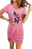 Pink Patriotic Butterfly Graphic Side Knot V Neck Mini Dress LC6110692-10