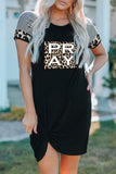 Black Pray Leopard Color Block Spliced Short Sleeve Side Knot Mini Dress LC6110700-2