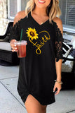 Black Faith Heart Sunflower Graphic Cold Shoulder Lace Sleeve Mini Dress LC6110711-2