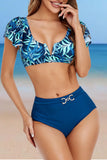 Blue Sexy Plant Print high-waisted flounce bikini for Laides LC433476-5
