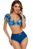 Blue Sexy Plant Print high-waisted flounce bikini for Laides LC433476-5