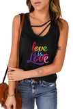 LC2566508-2-S, LC2566508-2-M, LC2566508-2-L, LC2566508-2-XL, LC2566508-2-2XL, Black Love is Love Colorful Print Strappy Neck Tank Top