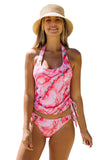 Pink Marble Print Halter Lace-Up Bikini LC433479-10