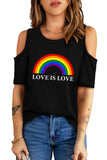 LC25216367-2-S, LC25216367-2-M, LC25216367-2-L, LC25216367-2-XL, LC25216367-2-2XL, Black Rainbow LOVE IS LOVE Cold Shoulder T Shirt