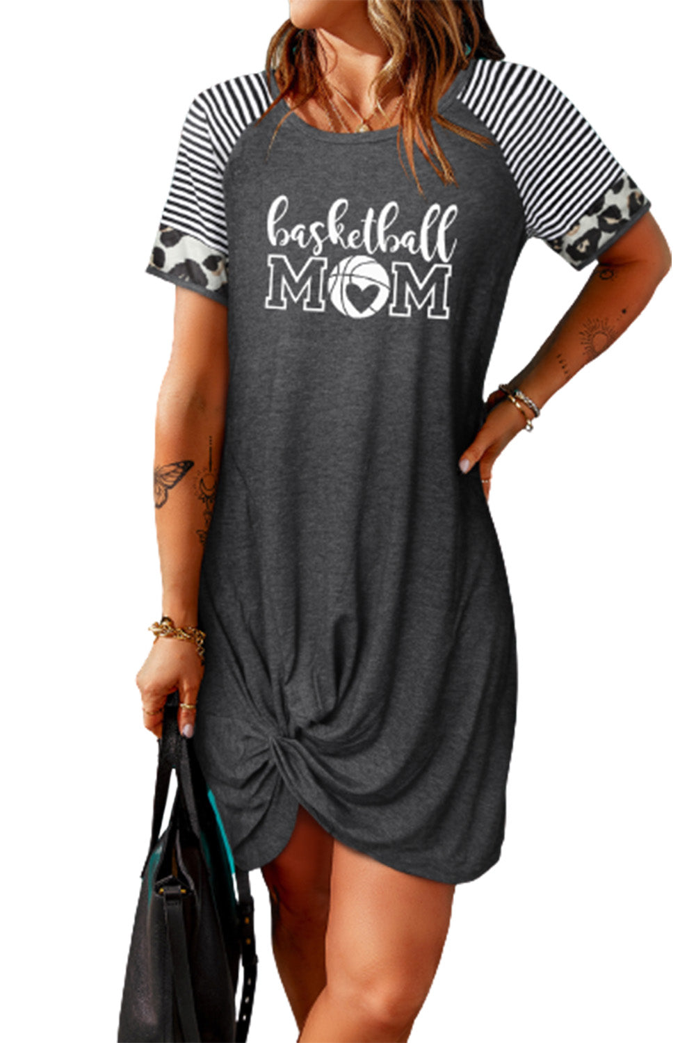Gray Basketball Mom Leopard Striped Short Sleeve T Shirt Dress LC6110771-11