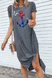 Gray Ombre Anchor And Butterfly Print High Split Knotted Short Sleeve Midi Dress LC6110801-11