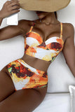 Costume da bagno bikini push-up a coppa intera con motivo in marmo arancione