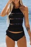 Tie Dye Mixed Color  Striped Lace Up Halter Tankini