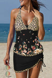 Floral Print Leopard Patchwork Lace Up Two Piece Tankini Swimsuit
