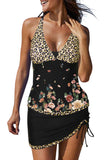 Black Floral Print Leopard Patchwork Lace Up Two Piece Tankini Swimsuit LC415707-2