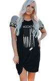 Black HOCKEY Flag Print Ruched Leopard Short Sleeve Mini Dress LC6110830-2