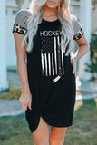 Black HOCKEY Flag Print Ruched Leopard Short Sleeve Mini Dress LC6110830-2