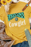 Yellow Cowgirl Leopard Colorblock Crew Neck Tee