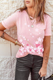 Pink Floral Print Crewneck Pocket Front T Shirt