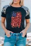 T-shirt a maniche corte con impunture a strisce leopardate con bandiera degli Stati Uniti