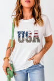 White USA Leopard Patten Short Sleeve T Shirt for Women LC25216592-1