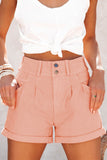 Pink Button Front Pleated Rolled Hem Denim Shorts