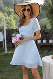 Sky Blue Pointy chiffon dress with High-waist and square-neck LC6110918-4
