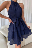 Blue Stitching sleeveless dress with flounces LC6110920-5