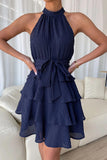 Blue Stitching sleeveless dress with flounces LC6110920-5