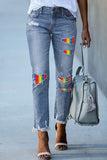 LC787889-4-S, LC787889-4-M, LC787889-4-L, LC787889-4-XL, LC787889-4-2XL, Sky Blue Women's Ripped Holes Rainbow Patch Cropped Jeans