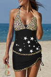 Black Floral Print Leopard Patchwork Lace Up Two Piece Tankini Swimsuit LC415707-2