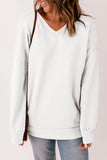 White V Neck Drop Shoulder Sweatshirt with Pocket LC25312139-1
