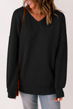 Black V Neck Drop Shoulder Sweatshirt with Pocket LC25312139-2