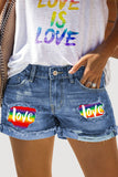 Women's Ripped Holes Rainbow Love Denim Shorts
