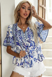 Blue Boho Floral Print Turnover Collar Buttoned Blouse LC25115412-5