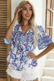 Blue Boho Floral Print Turnover Collar Buttoned Blouse LC25115412-5