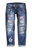 LC782289-10-S, LC782289-10-M, LC782289-10-L, LC782289-10-XL, LC782289-10-2XL, Pink Womens Ripped Denim Pants Floral Leopard Distressed High Waist Jeans